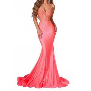 NEW PORTIA&SCARLETT lovely plunging v-neckline mermaid dress in peach